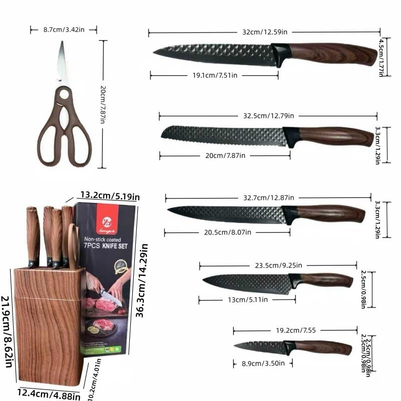 7-Piece Kitchen Knife Set with Block, Dishwasher Safe, Ideal for Kitchens Stainless Steel Kitchen Cooking Knives with Built-In Sharpener High-Carbon Professional Chef'S Knife, Steak Boning Perfect Gift for Men, Outdoor Fun