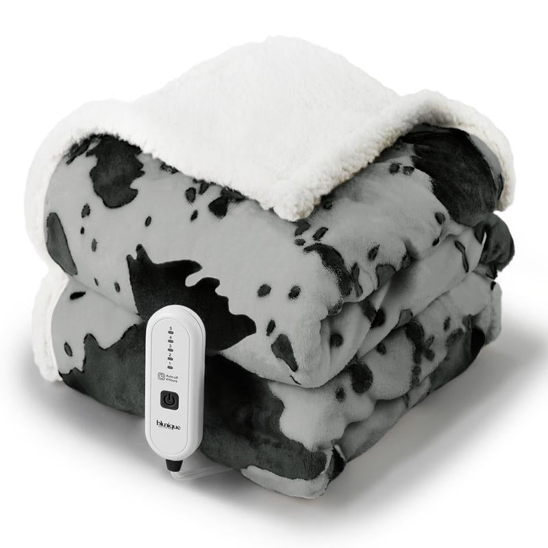 Blunique Cow-Print Electric Heated Blanket — Faux Rabbit Fur & Sherpa, 5 Heat Levels, 4-Hour Auto-Off, Machine Washable, Cozy Home Comfort Blanket