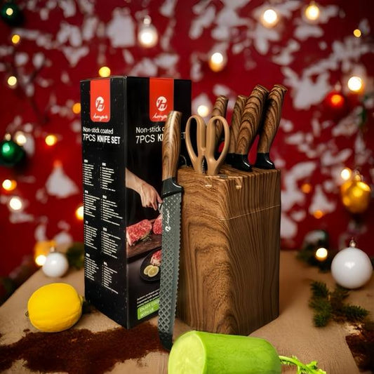 7-Piece Kitchen Knife Set with Block, Dishwasher Safe, Ideal for Kitchens Stainless Steel Kitchen Cooking Knives with Built-In Sharpener High-Carbon Professional Chef'S Knife, Steak Boning Perfect Gift for Men, Outdoor Fun