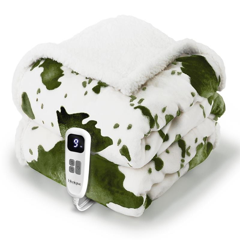 Blunique Cow-Print Electric Heated Blanket — Faux Rabbit Fur & Sherpa, 5 Heat Levels, 4-Hour Auto-Off, Machine Washable, Cozy Home Comfort Blanket