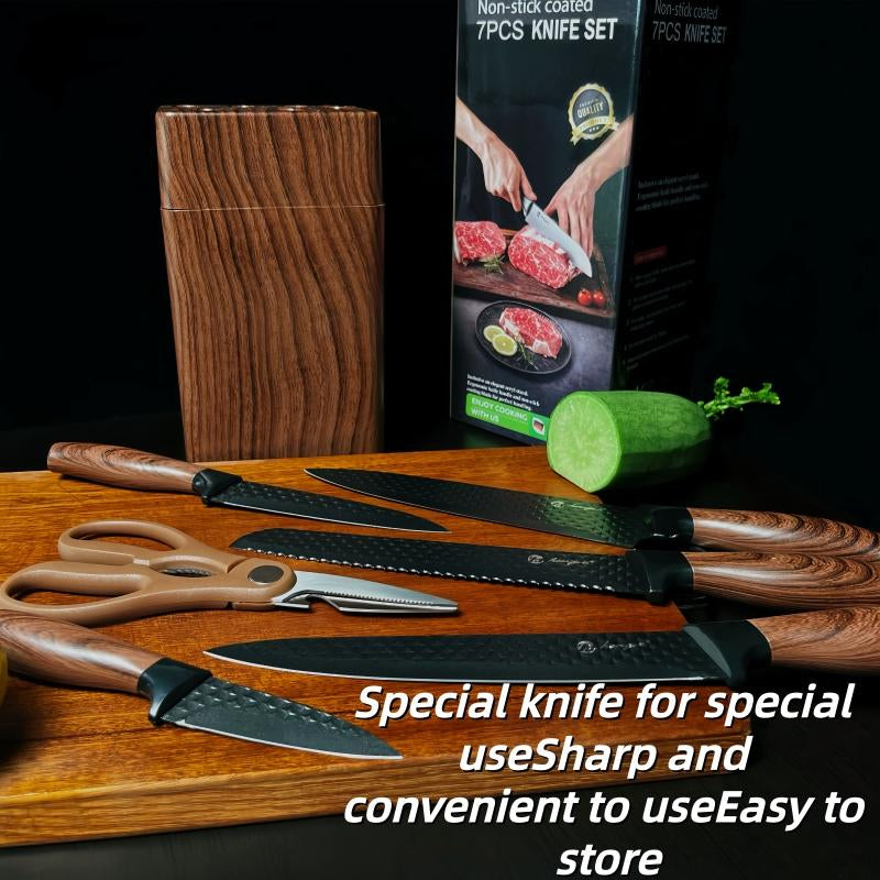 7-Piece Kitchen Knife Set with Block, Dishwasher Safe, Ideal for Kitchens Stainless Steel Kitchen Cooking Knives with Built-In Sharpener High-Carbon Professional Chef'S Knife, Steak Boning Perfect Gift for Men, Outdoor Fun
