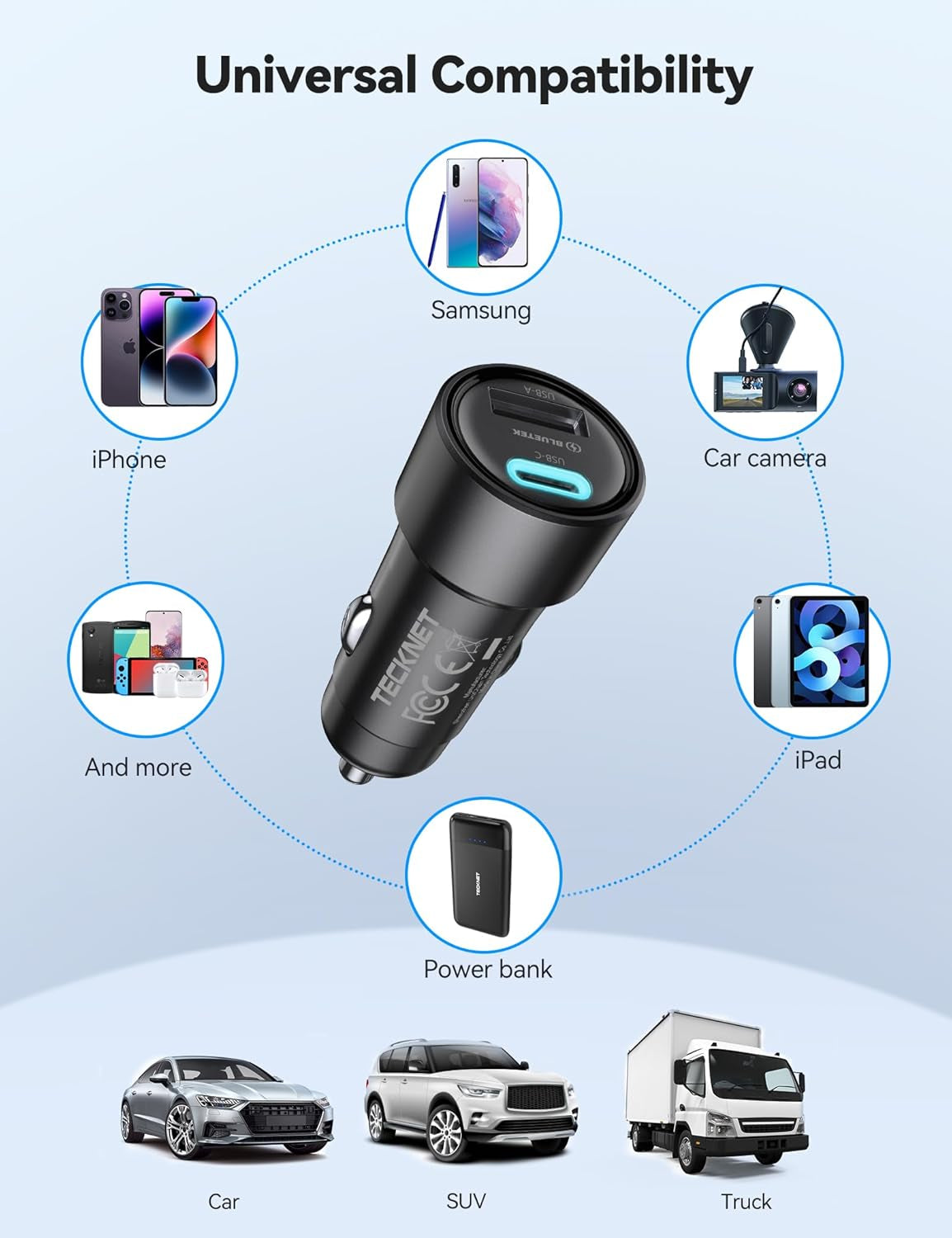 USB C Car Charger [2Pack], 48W 2-Port Cigarette Lighter Fast Chargering, PD&QC3.0 USBC Car Charger Adapter Compatible with Iphone 16/15 Plus/15/14/13 Galaxy