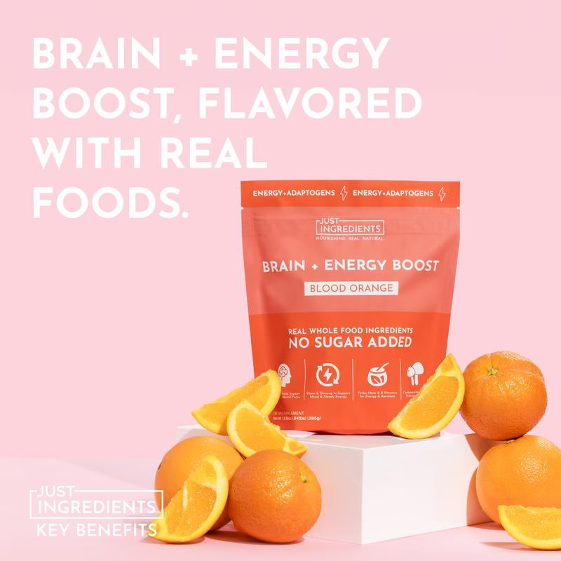 Just Ingredients Brain + Energy Boost Blood Orange - No Sugar Added, 100Mg Natural Caffeine, Adaptogens & Nootropics for Focus & Clarity, 30 Servings