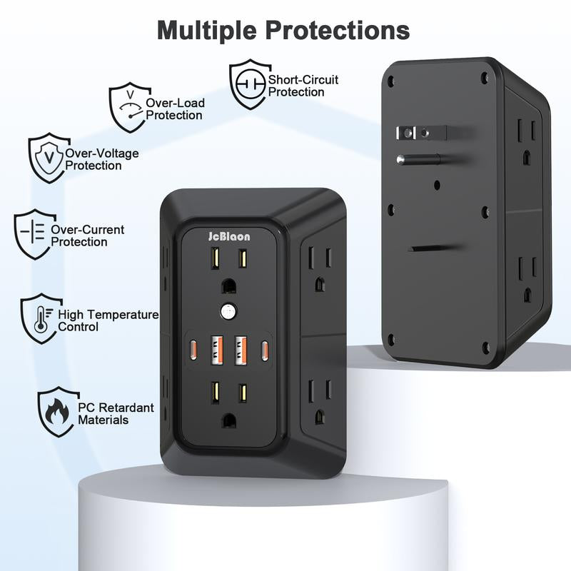 USB Wall Charger, Wall Outlet Extender - 6-Outlet Surge Protector with 4 USB Ports, Multiple Plug Expander Wall Charger, 3 Sided Multi Plug Adapter for Home, Travel & Office Use, Power Strip