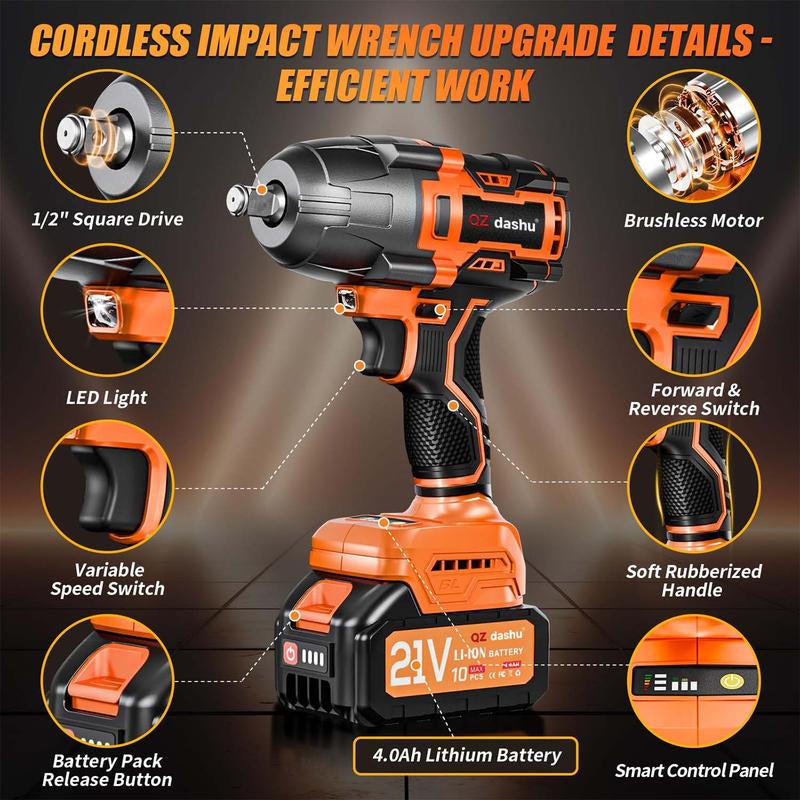 Cordless Impact Wrench, 1200N.M 1/2" Brushless Impact Gun, 21V High Torque Power Impact Driver, for Family Car/Pickup Truck/Mower M Torque Compact Cordless Impact Driver Half Inch Drive Complete Kit Brushless Impact Gun Air Wrench M Power Impact Gun