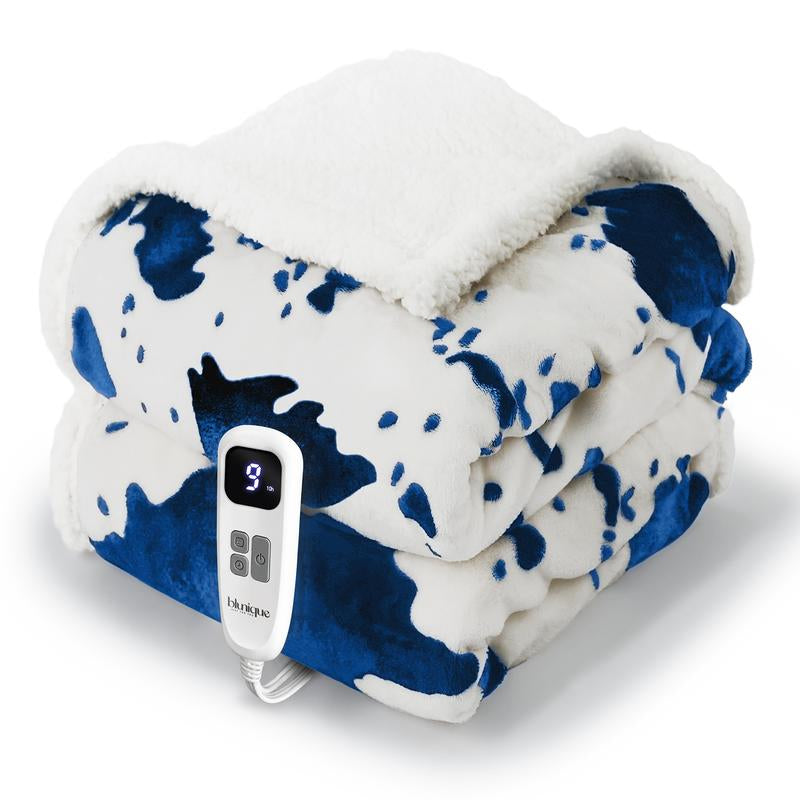 Blunique Cow-Print Electric Heated Blanket — Faux Rabbit Fur & Sherpa, 5 Heat Levels, 4-Hour Auto-Off, Machine Washable, Cozy Home Comfort Blanket