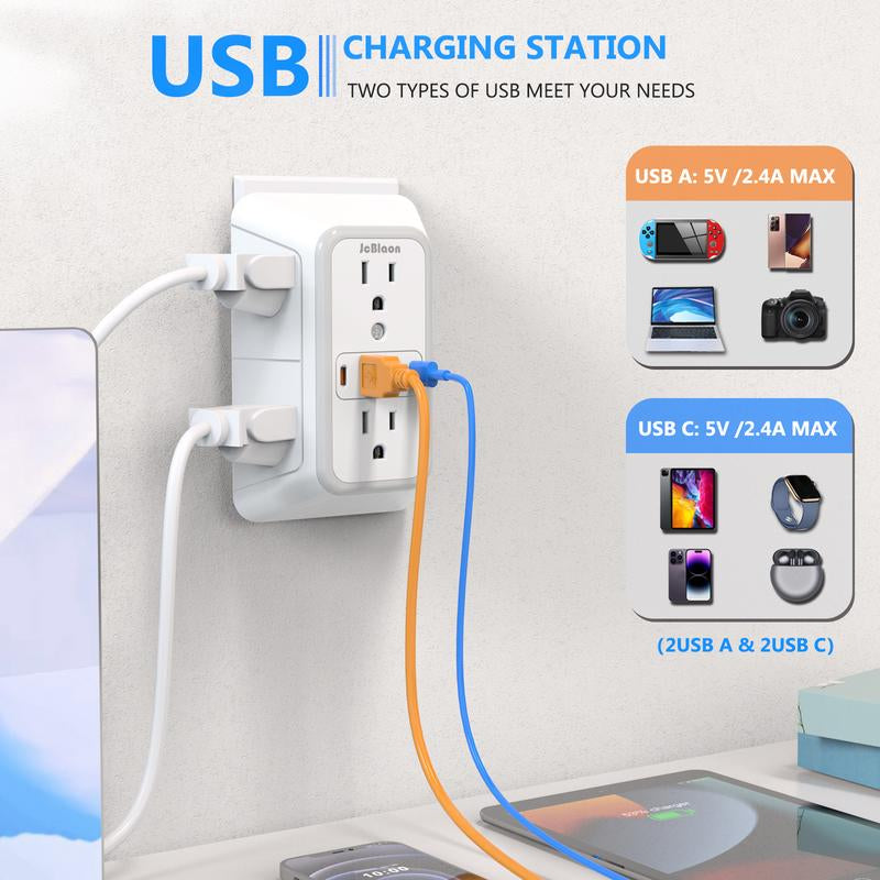 USB Wall Charger, Wall Outlet Extender - 6-Outlet Surge Protector with 4 USB Ports, Multiple Plug Expander Wall Charger, 3 Sided Multi Plug Adapter for Home, Travel & Office Use, Power Strip