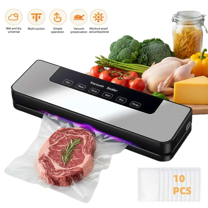 Automatic Household Vacuum Sealer with 10 Vacuum Seal Bags, Food Packaging Machine, Mini Preservation Sealer, Plastic Sealer, Vacuum Compression Machine