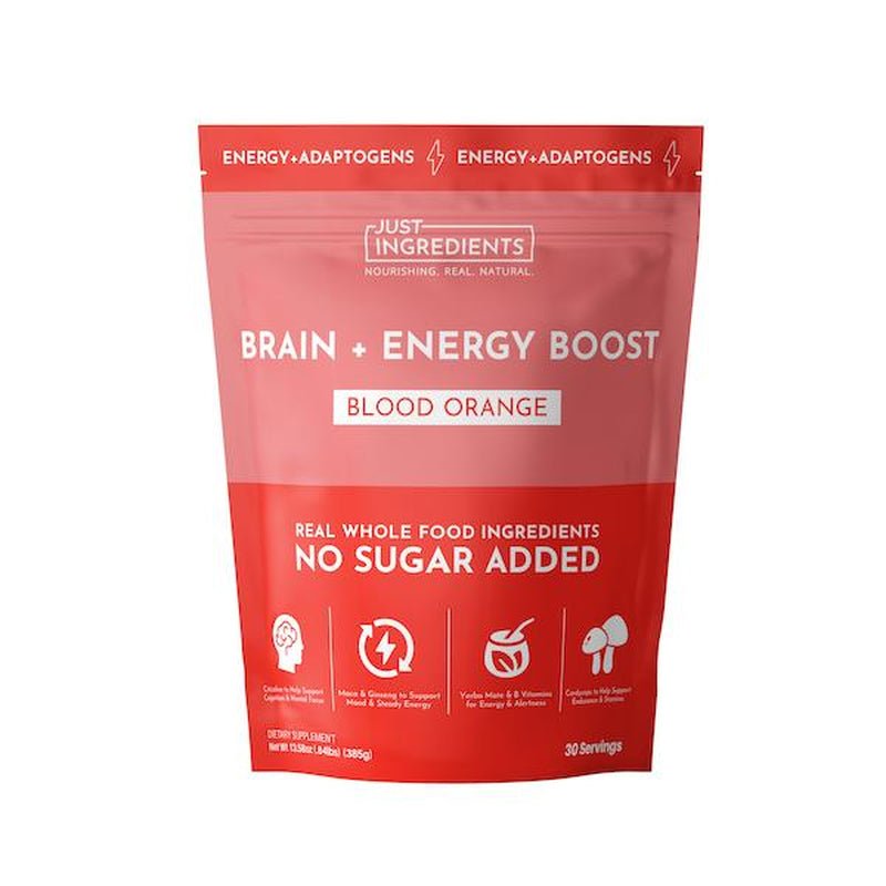 Just Ingredients Brain + Energy Boost Blood Orange - No Sugar Added, 100Mg Natural Caffeine, Adaptogens & Nootropics for Focus & Clarity, 30 Servings