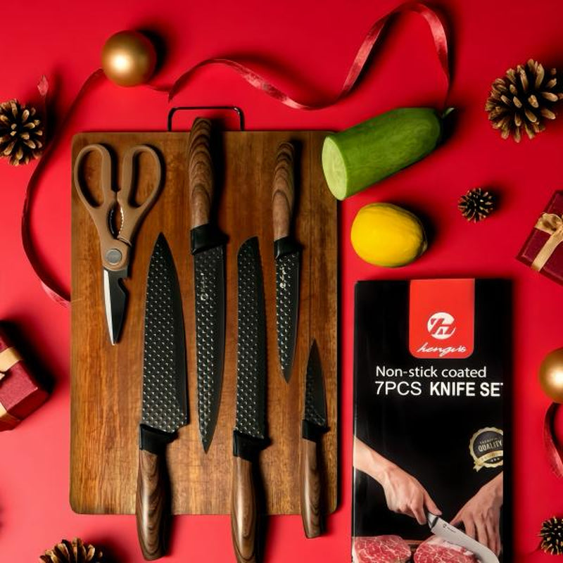 7-Piece Kitchen Knife Set with Block, Dishwasher Safe, Ideal for Kitchens Stainless Steel Kitchen Cooking Knives with Built-In Sharpener High-Carbon Professional Chef'S Knife, Steak Boning Perfect Gift for Men, Outdoor Fun