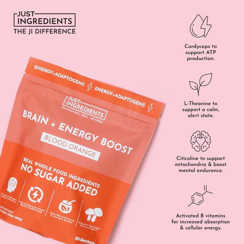 Just Ingredients Brain + Energy Boost Blood Orange - No Sugar Added, 100Mg Natural Caffeine, Adaptogens & Nootropics for Focus & Clarity, 30 Servings