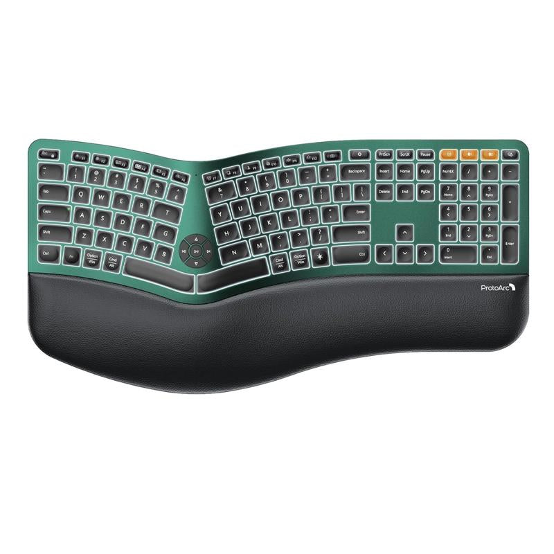Protoarc Backlit Bluetooth Ergonomic Keyboard, EK01 plus Full Size Wireless Split Keyboard with Dual Bluetooth and USB, Cushioned Wrist Rest, Rechargeable, Compatible with Windows/Mac/Android