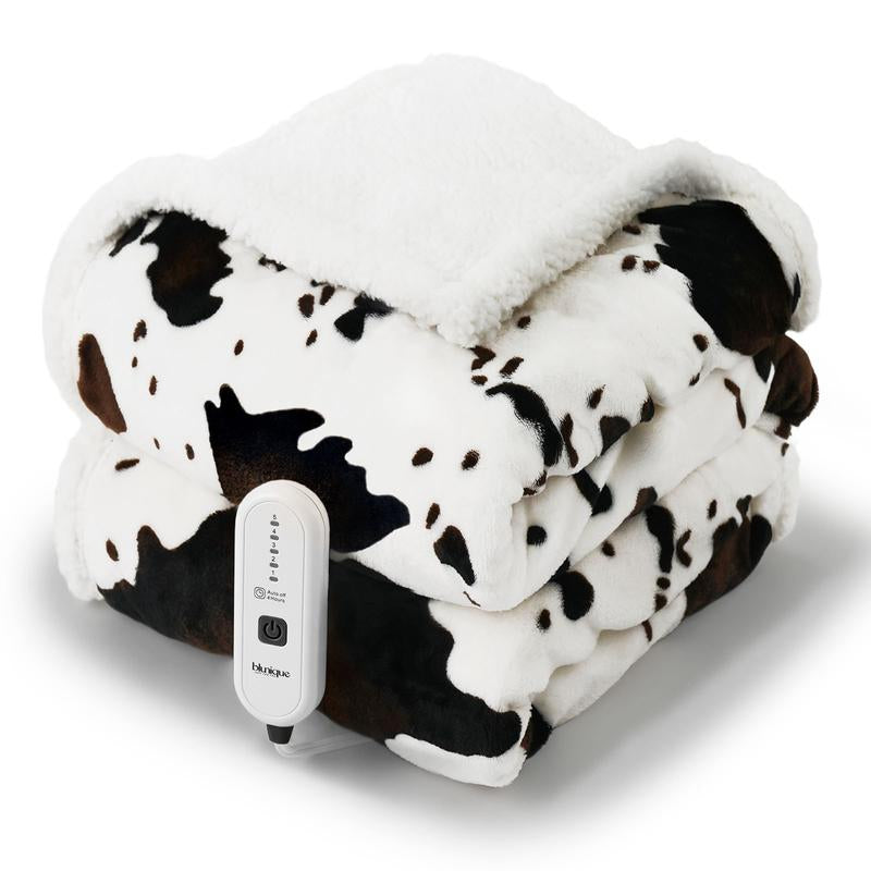 Blunique Cow-Print Electric Heated Blanket — Faux Rabbit Fur & Sherpa, 5 Heat Levels, 4-Hour Auto-Off, Machine Washable, Cozy Home Comfort Blanket