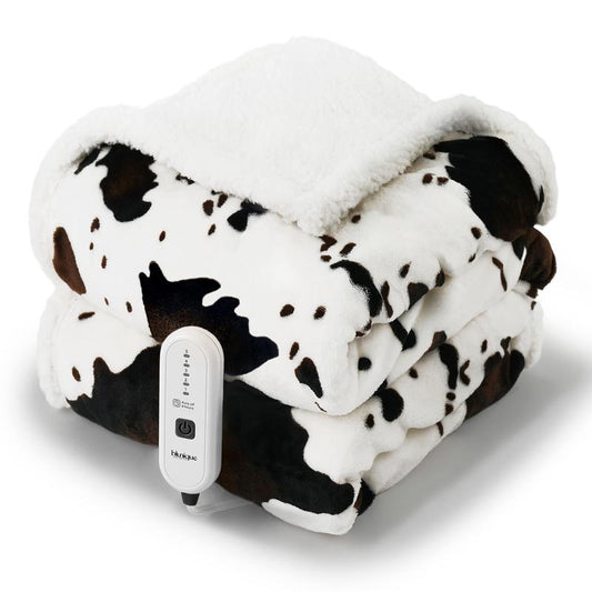 Blunique Cow-Print Electric Heated Blanket — Faux Rabbit Fur & Sherpa, 5 Heat Levels, 4-Hour Auto-Off, Machine Washable, Cozy Home Comfort Blanket