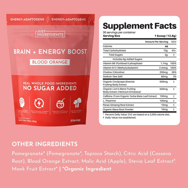 Just Ingredients Brain + Energy Boost Blood Orange - No Sugar Added, 100Mg Natural Caffeine, Adaptogens & Nootropics for Focus & Clarity, 30 Servings