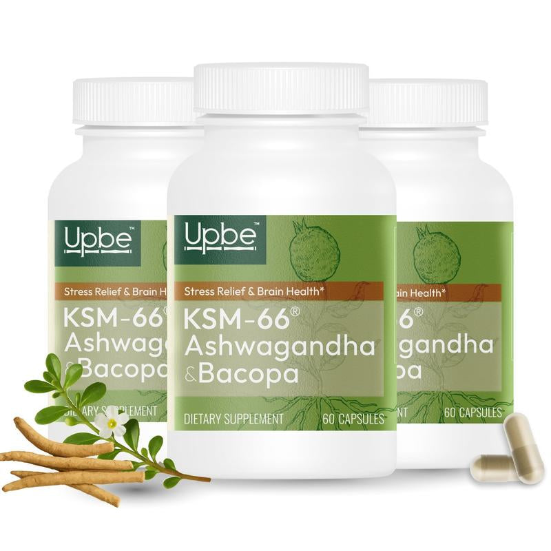Upbe Ashwagandha & Bacopa for Stress, Focus & Hormonal Health –Energy Support for Men – PMS & Menopause Relief for Women – 60 Vegan Capsules