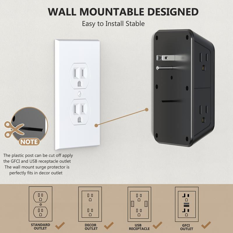 USB Wall Charger, Wall Outlet Extender - 6-Outlet Surge Protector with 4 USB Ports, Multiple Plug Expander Wall Charger, 3 Sided Multi Plug Adapter for Home, Travel & Office Use, Power Strip