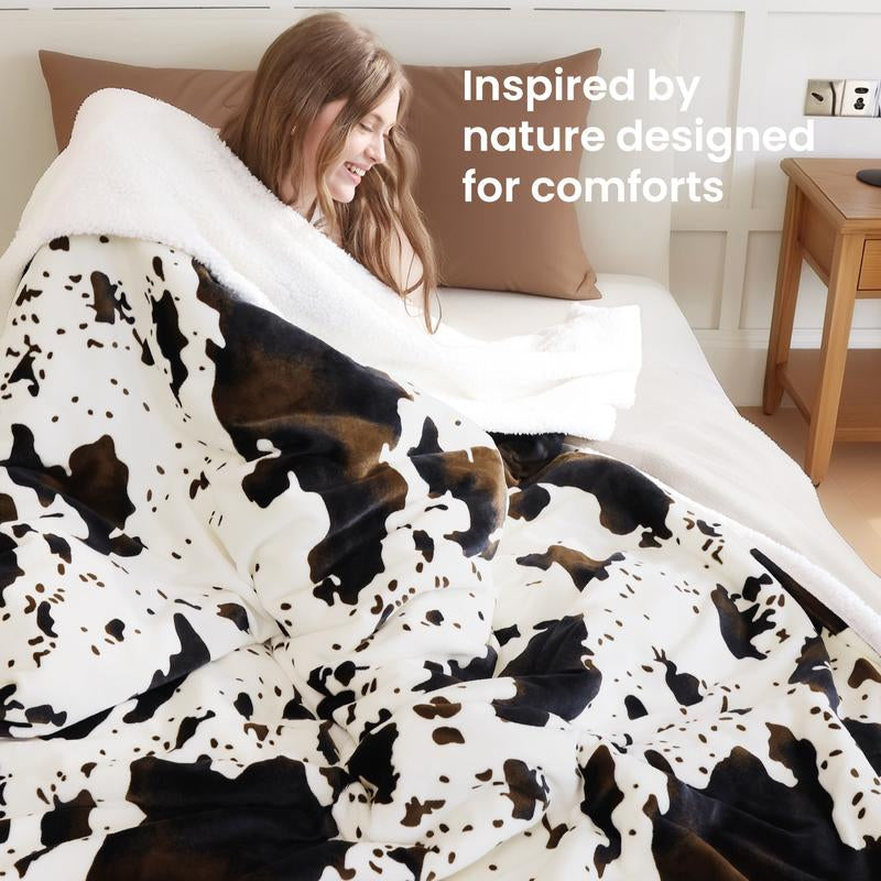 Blunique Cow-Print Electric Heated Blanket — Faux Rabbit Fur & Sherpa, 5 Heat Levels, 4-Hour Auto-Off, Machine Washable, Cozy Home Comfort Blanket