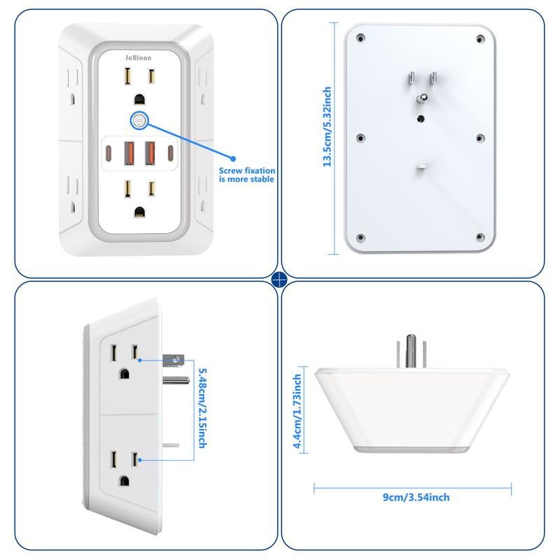 USB Wall Charger, Wall Outlet Extender - 6-Outlet Surge Protector with 4 USB Ports, Multiple Plug Expander Wall Charger, 3 Sided Multi Plug Adapter for Home, Travel & Office Use, Power Strip