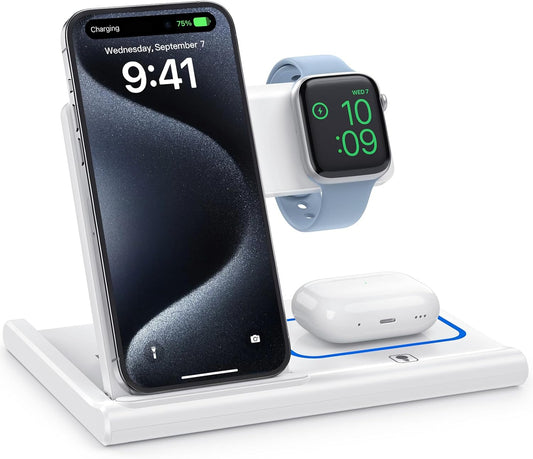 Foldable Induction Charger, 3 in 1 Wireless Charger Compatible with Iphone 13 12 11 Pro Max/Xr/Xs Max/X/8 Plus, Fast Qi Charging Station Compatible with Apple Watch Series White