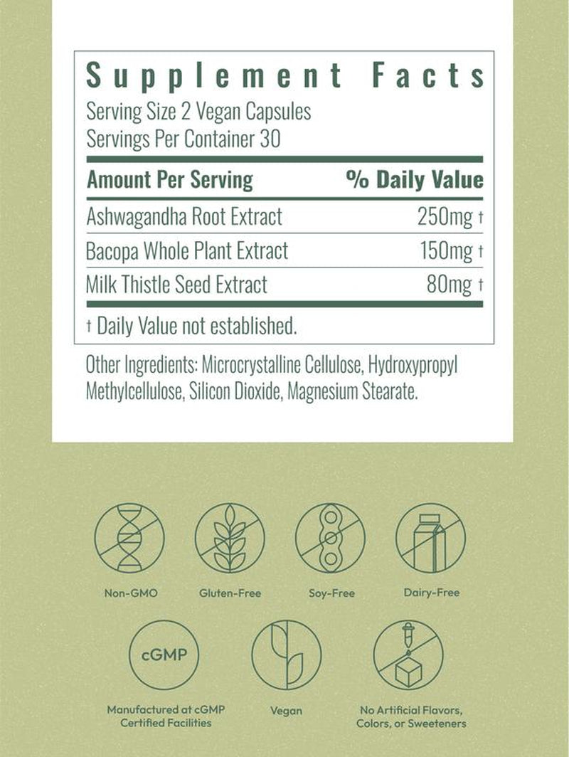 Upbe Ashwagandha & Bacopa for Stress, Focus & Hormonal Health –Energy Support for Men – PMS & Menopause Relief for Women – 60 Vegan Capsules