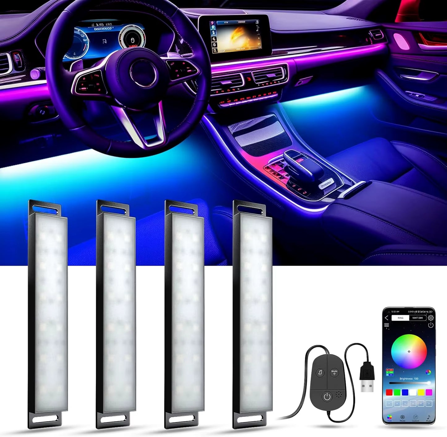 Yilaie Interior Car Atmosphere Light Smart Light Bar with App & Keyboard Control Music Sync USB under Dash Lighting Kit for Cars