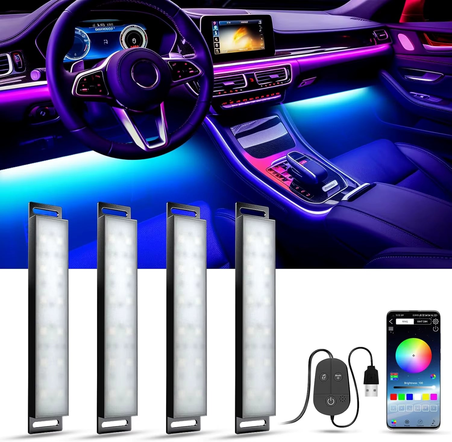 Yilaie Interior Car Atmosphere Light Smart Light Bar with App & Keyboard Control Music Sync USB under Dash Lighting Kit for Cars