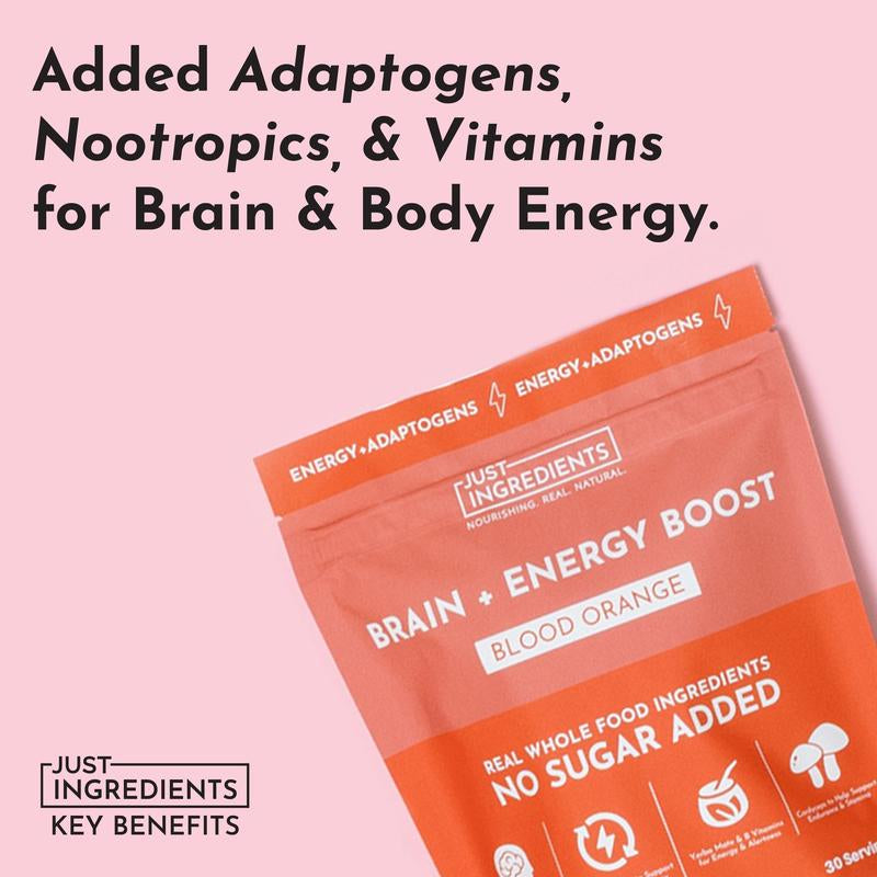 Just Ingredients Brain + Energy Boost Blood Orange - No Sugar Added, 100Mg Natural Caffeine, Adaptogens & Nootropics for Focus & Clarity, 30 Servings