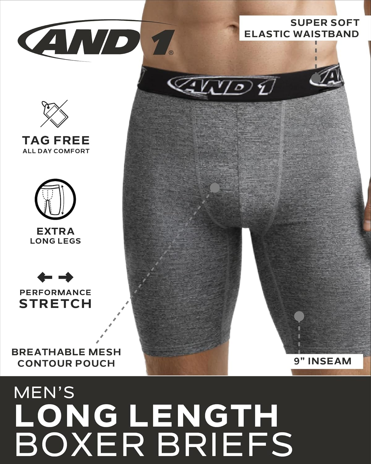 Mens Underwear Boxer Briefs - 5 Pack Performance Stretch Long Leg Boxers for Men with Contour Support Pouch, 9" Inseam