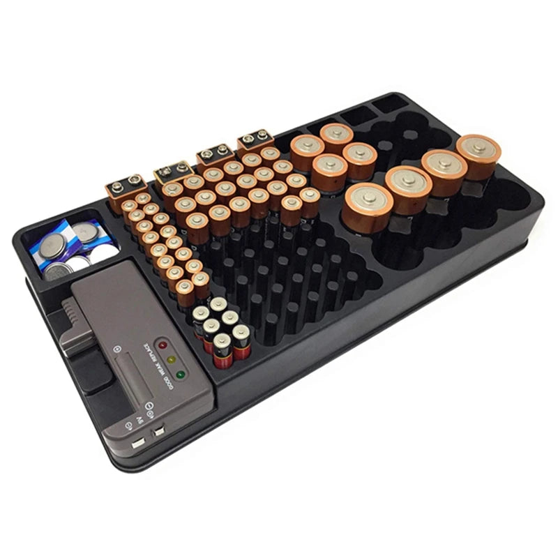 Battery Storage Organizer Holder with Tester - Battery Caddy Rack Case Box Holders Including Battery Checker for AAA AA C D 9V