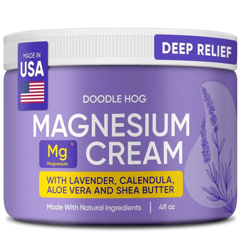Doodle Hog Magnesium Cream Lavender Scent - Soothing Relief & Relaxation with Calendula, Aloe Vera, Shea Butter - Topical Magnesium Cream for Sleep - USA Made - (4 Oz, Lavender)