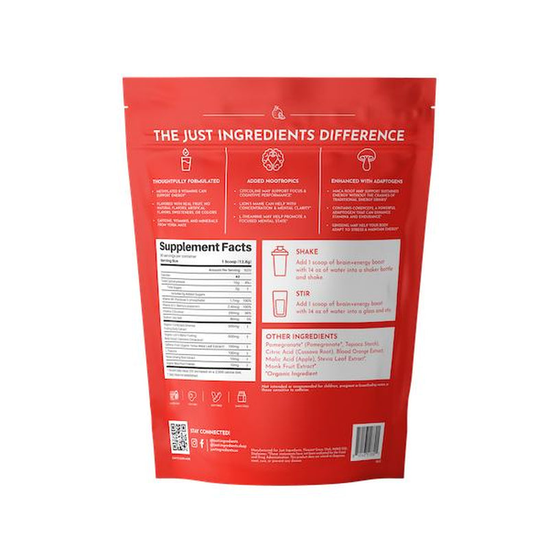 Just Ingredients Brain + Energy Boost Blood Orange - No Sugar Added, 100Mg Natural Caffeine, Adaptogens & Nootropics for Focus & Clarity, 30 Servings