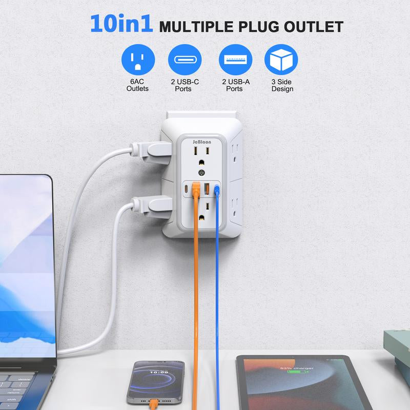 USB Wall Charger, Wall Outlet Extender - 6-Outlet Surge Protector with 4 USB Ports, Multiple Plug Expander Wall Charger, 3 Sided Multi Plug Adapter for Home, Travel & Office Use, Power Strip