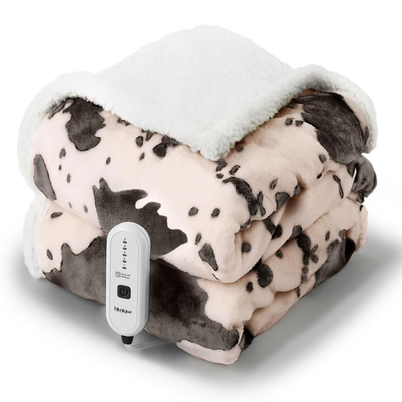 Blunique Cow-Print Electric Heated Blanket — Faux Rabbit Fur & Sherpa, 5 Heat Levels, 4-Hour Auto-Off, Machine Washable, Cozy Home Comfort Blanket