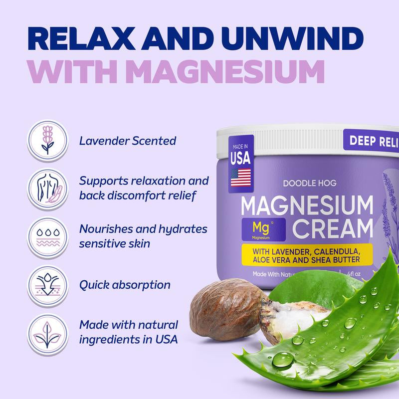Doodle Hog Magnesium Cream Lavender Scent - Soothing Relief & Relaxation with Calendula, Aloe Vera, Shea Butter - Topical Magnesium Cream for Sleep - USA Made - (4 Oz, Lavender)