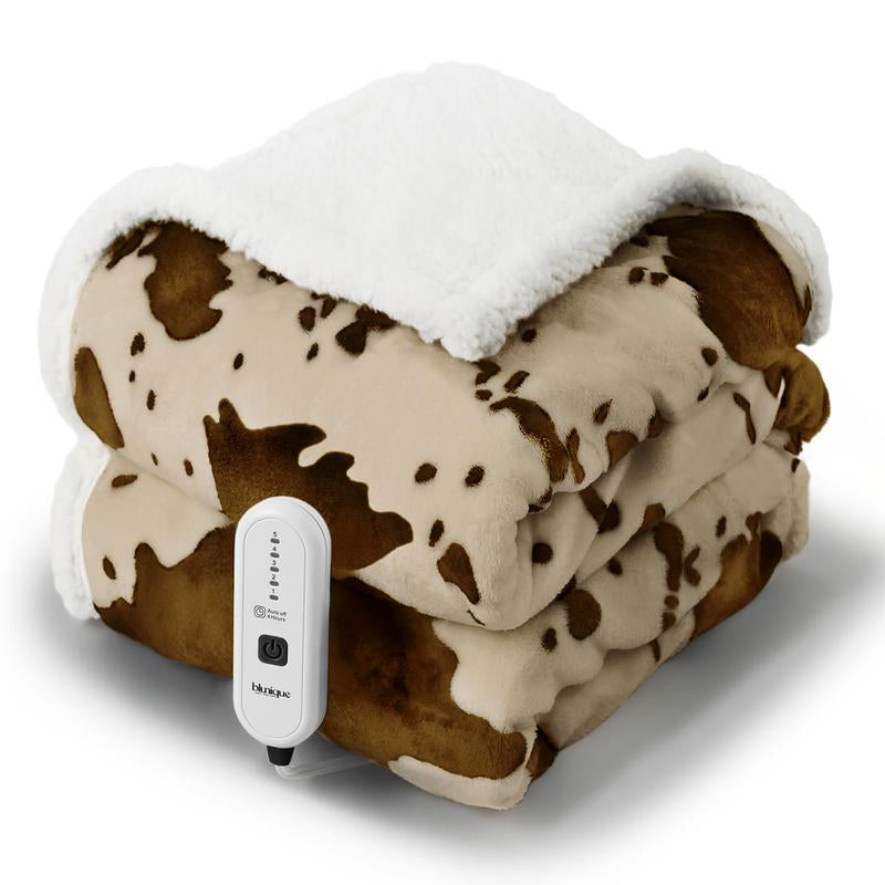 Blunique Cow-Print Electric Heated Blanket — Faux Rabbit Fur & Sherpa, 5 Heat Levels, 4-Hour Auto-Off, Machine Washable, Cozy Home Comfort Blanket