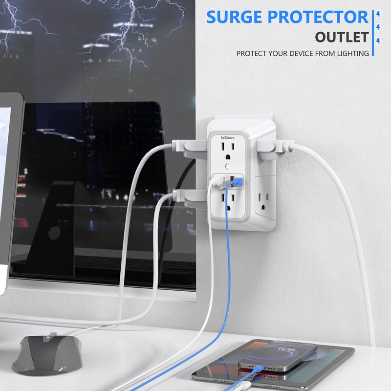USB Wall Charger, Wall Outlet Extender - 6-Outlet Surge Protector with 4 USB Ports, Multiple Plug Expander Wall Charger, 3 Sided Multi Plug Adapter for Home, Travel & Office Use, Power Strip