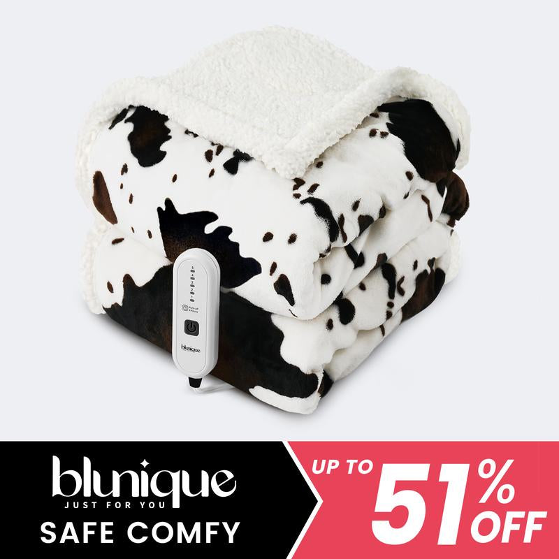 Blunique Cow-Print Electric Heated Blanket — Faux Rabbit Fur & Sherpa, 5 Heat Levels, 4-Hour Auto-Off, Machine Washable, Cozy Home Comfort Blanket