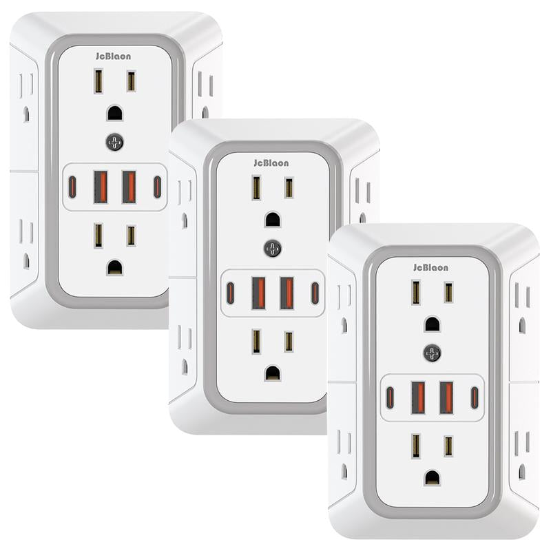 USB Wall Charger, Wall Outlet Extender - 6-Outlet Surge Protector with 4 USB Ports, Multiple Plug Expander Wall Charger, 3 Sided Multi Plug Adapter for Home, Travel & Office Use, Power Strip