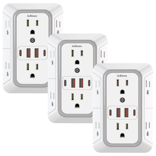 USB Wall Charger, Wall Outlet Extender - 6-Outlet Surge Protector with 4 USB Ports, Multiple Plug Expander Wall Charger, 3 Sided Multi Plug Adapter for Home, Travel & Office Use, Power Strip