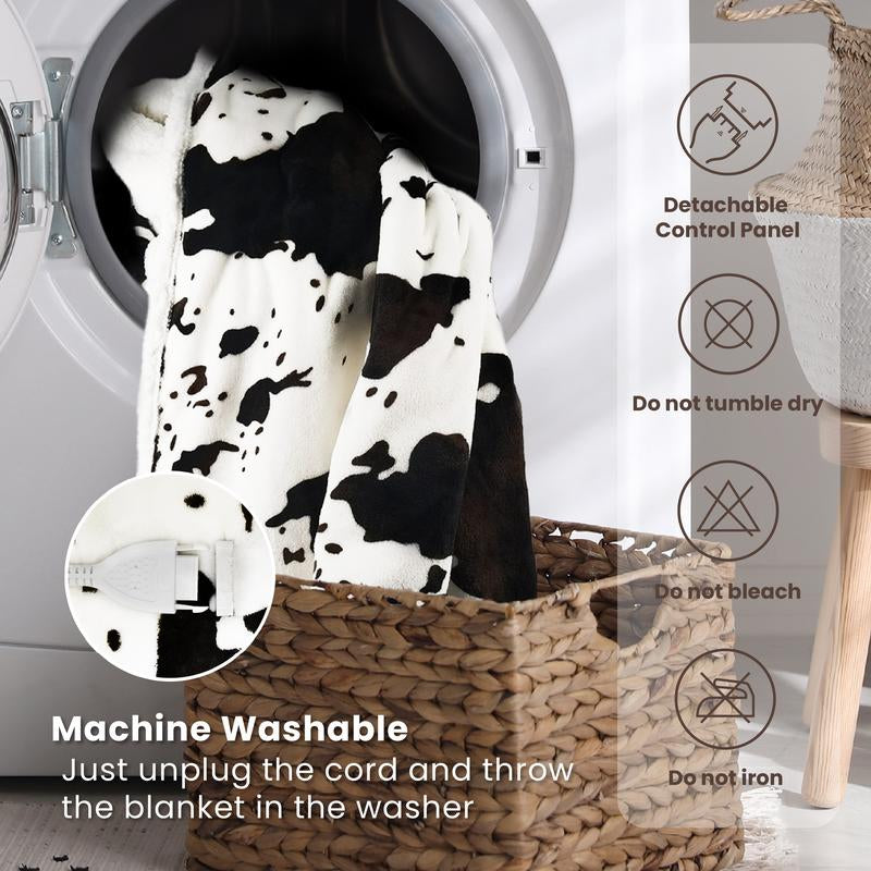 Blunique Cow-Print Electric Heated Blanket — Faux Rabbit Fur & Sherpa, 5 Heat Levels, 4-Hour Auto-Off, Machine Washable, Cozy Home Comfort Blanket