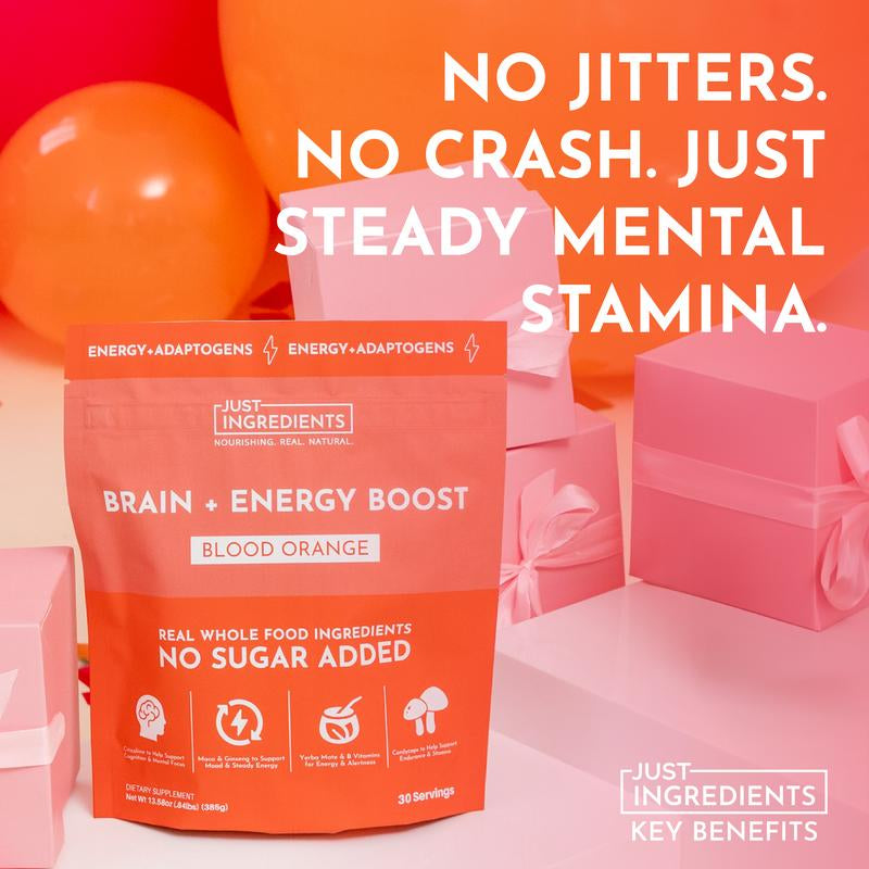 Just Ingredients Brain + Energy Boost Blood Orange - No Sugar Added, 100Mg Natural Caffeine, Adaptogens & Nootropics for Focus & Clarity, 30 Servings