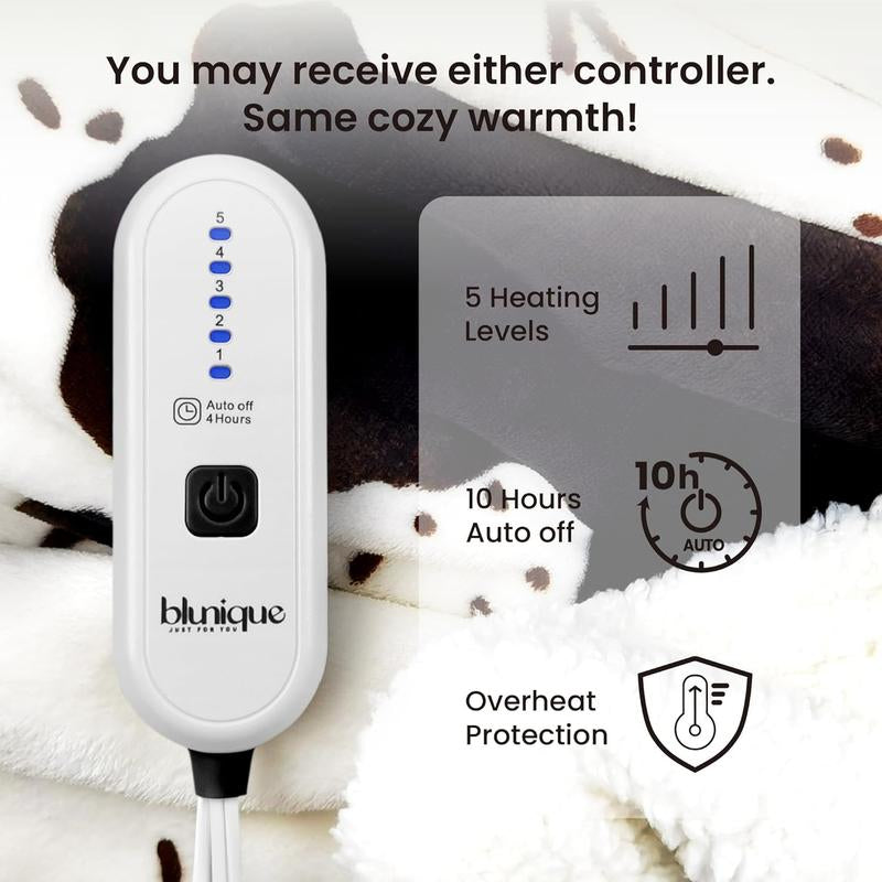 Blunique Cow-Print Electric Heated Blanket — Faux Rabbit Fur & Sherpa, 5 Heat Levels, 4-Hour Auto-Off, Machine Washable, Cozy Home Comfort Blanket