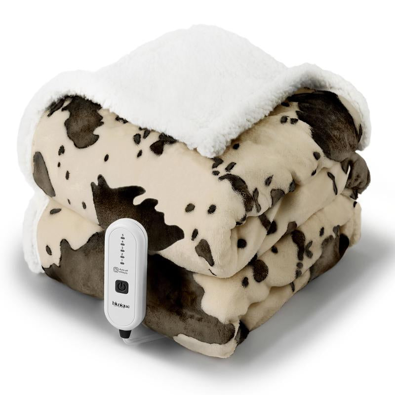 Blunique Cow-Print Electric Heated Blanket — Faux Rabbit Fur & Sherpa, 5 Heat Levels, 4-Hour Auto-Off, Machine Washable, Cozy Home Comfort Blanket