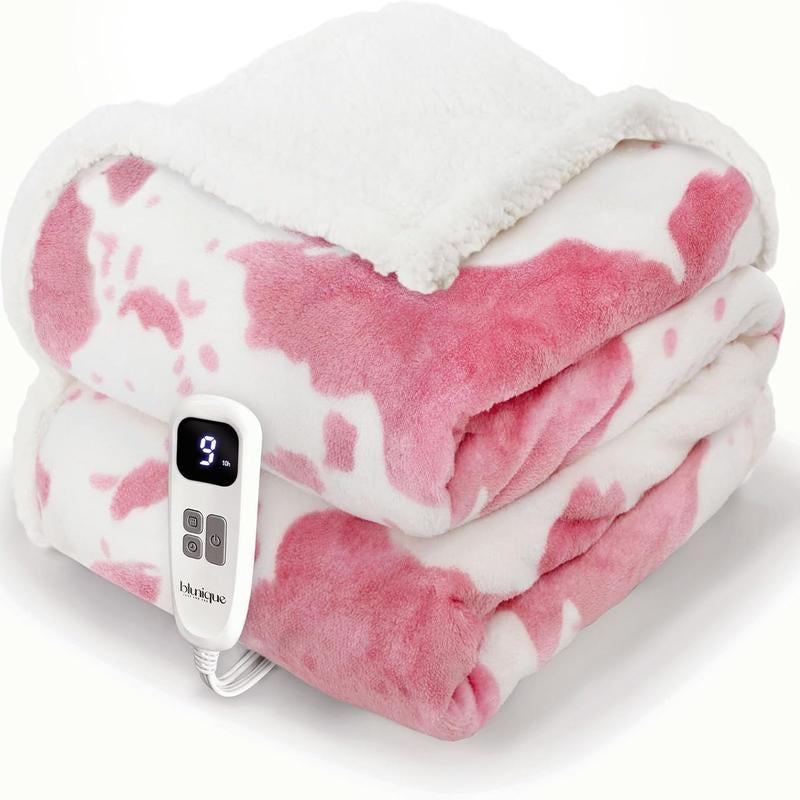 Blunique Cow-Print Electric Heated Blanket — Faux Rabbit Fur & Sherpa, 5 Heat Levels, 4-Hour Auto-Off, Machine Washable, Cozy Home Comfort Blanket