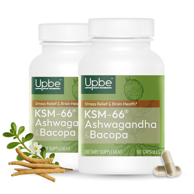 Upbe Ashwagandha & Bacopa for Stress, Focus & Hormonal Health –Energy Support for Men – PMS & Menopause Relief for Women – 60 Vegan Capsules