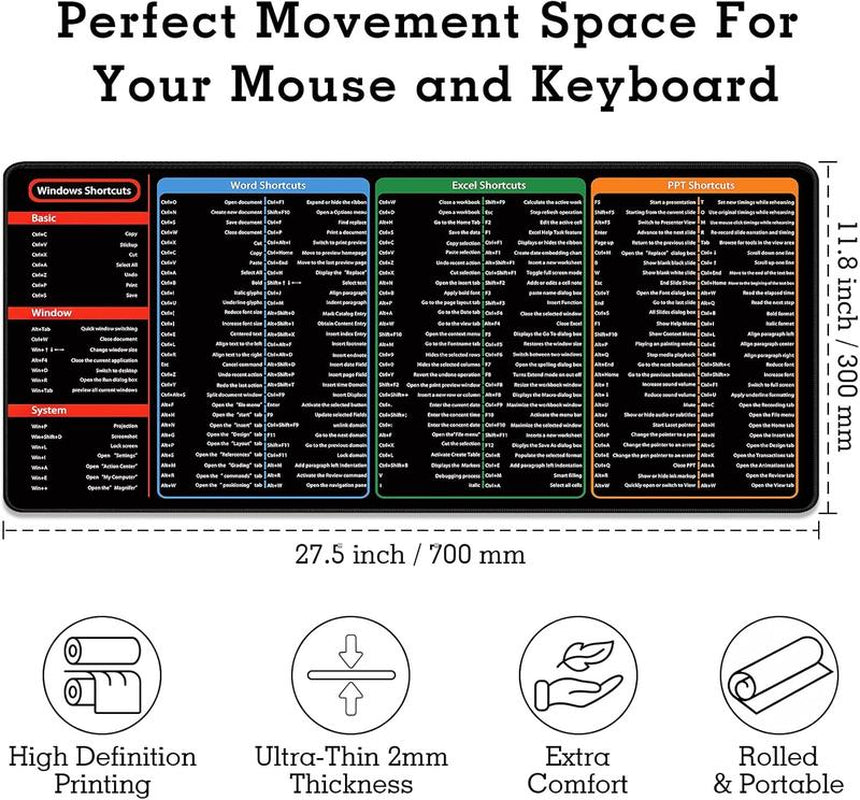 Large Multi-Software Keyboard Mouse Pad with Excel/Word/Powerpoint/Windows Shortcut Keys - Cheat Sheet Office Mat 800X300Mm Computer Mouse Pad Non-Slip Office and Gaming Keyboard Mat