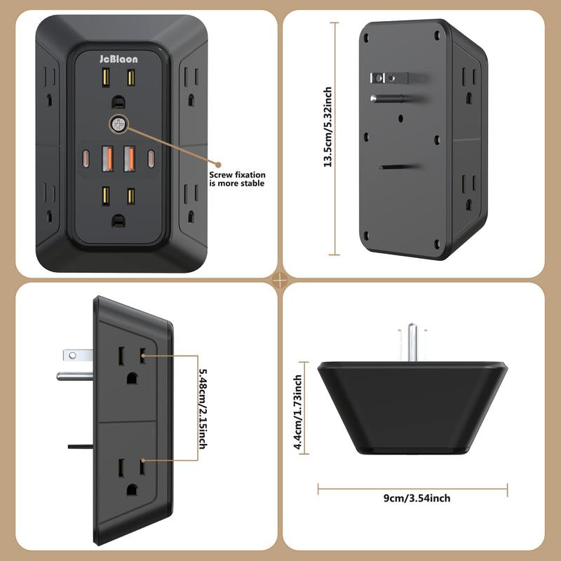 USB Wall Charger, Wall Outlet Extender - 6-Outlet Surge Protector with 4 USB Ports, Multiple Plug Expander Wall Charger, 3 Sided Multi Plug Adapter for Home, Travel & Office Use, Power Strip