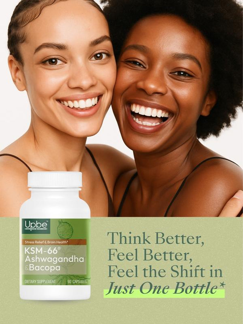 Upbe Ashwagandha & Bacopa for Stress, Focus & Hormonal Health –Energy Support for Men – PMS & Menopause Relief for Women – 60 Vegan Capsules