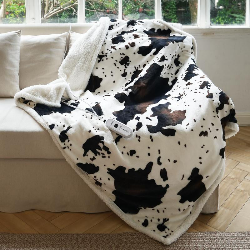 Blunique Cow-Print Electric Heated Blanket — Faux Rabbit Fur & Sherpa, 5 Heat Levels, 4-Hour Auto-Off, Machine Washable, Cozy Home Comfort Blanket